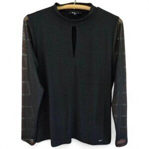 DKNY Black Long Sleeve Top Sheer Mesh Sleeves & Keyhole Neckline Large